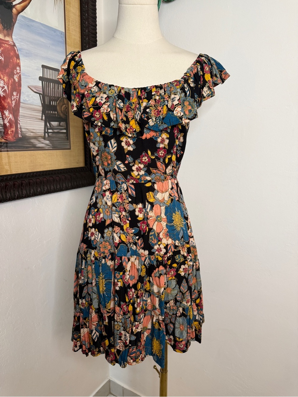 Angie Black Floral Off-Shoulder Ruffle Mini Dress with Blue and Coral Flowers
